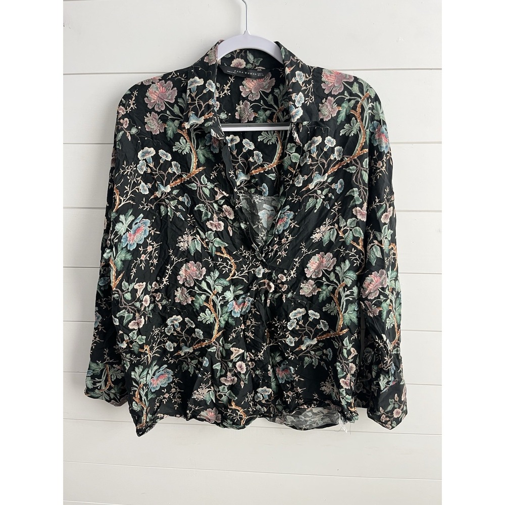 Zara Woman Black Floral Top Multicolor Print‎ Tunic Size Small Boho Blouse 0531